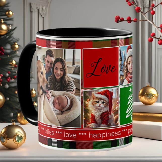 Anpassningsbar 5 Foton Grönt Red Play-jul Kaffemugg (Christmas mug featuring 5 custom photos on a green red plaid design with tree and snowflake outlines)