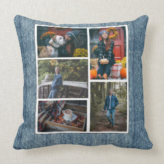 Anpassningsbar /5 Photo Collage Denim Blue Jeans Kudde