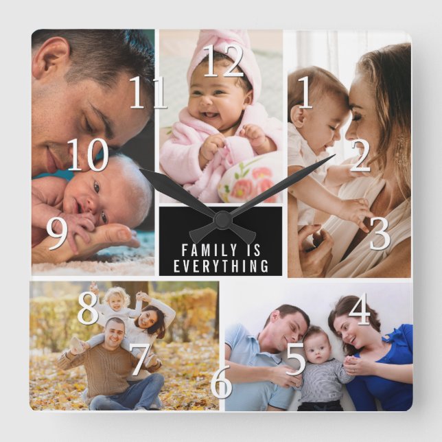Anpassningsbar 5 Photo Collage Family är allt cita Fyrkantig Klocka (Framsida)