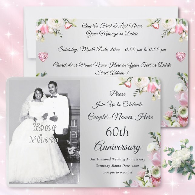 Anpassningsbar, 60:e Bröllop-årsjubileet-inbjudnin Inbjudningar (Photo, 60th anniversary invitations online. Personalized, Diamond anniversary invitations. Silver.)