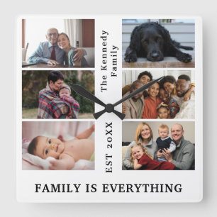 Anpassningsbar 6 Familjefotokollage med Family nam Fyrkantig Klocka