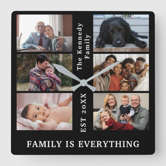 Anpassningsbar 6 Fotokollage i familjen namn Fyrkantig Klocka (Framsida)