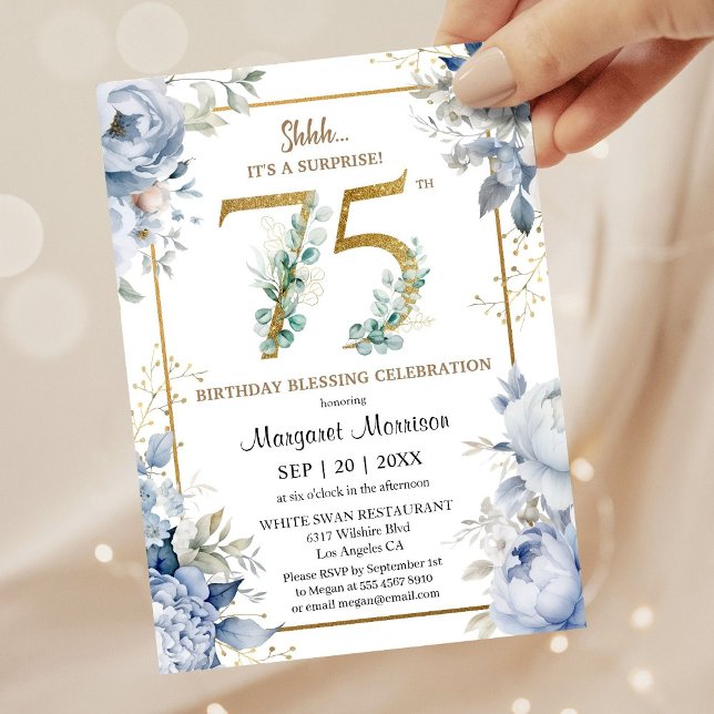 Anpassningsbar 75:e Birthday Elegant Dusty Blue Bl Inbjudningar (Skapare uppladdad)