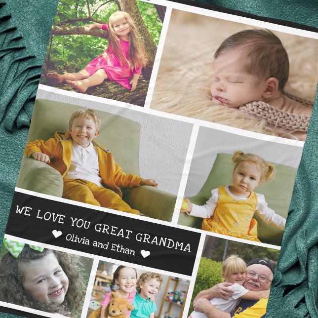 Anpassningsbar 7 Fotokollage Vi Kärlek du Underbar Fleecefilt (Custom 7 Photo Collage We Love You Great Grandma Fleece Blanket)