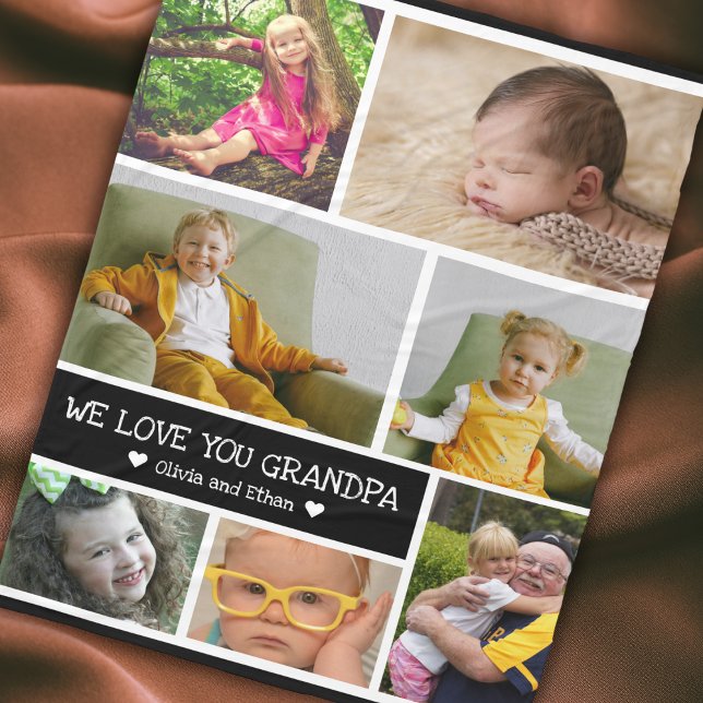 Anpassningsbar 7 Photo Collage Vi Kärlek You Grand Fleecefilt (Custom 7 Photo Collage We Love You Grandpa Fleece Blanket - Grandpa gift for birthday and Christmas)