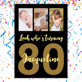 Anpassningsbar 80:e födelsedag, svart och Guld fot Inbjudningar