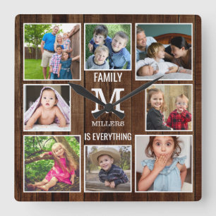 Anpassningsbar 8 Photo Collage Family Monogram Bro Fyrkantig Klocka