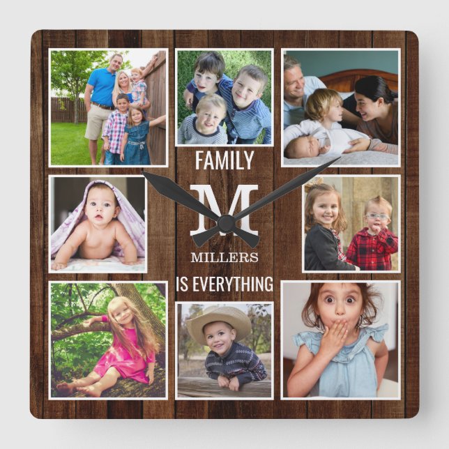 Anpassningsbar 8 Photo Collage Family Monogram Bro Fyrkantig Klocka (Framsida)