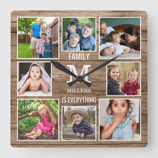 Anpassningsbar 8 Photo Collage Family Monogram Rus Fyrkantig Klocka (Framsida)