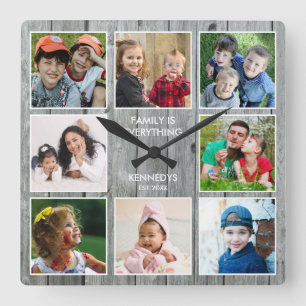 Anpassningsbar 8 Photo Collage Family Namn Quote G Fyrkantig Klocka