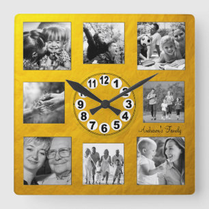 Anpassningsbar 8 Photo Collage Golden Retro-familj Fyrkantig Klocka