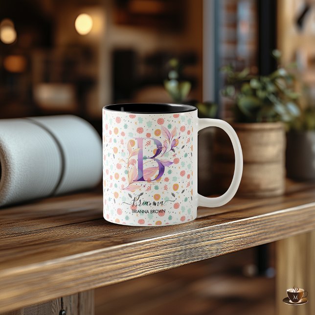 Anpassningsbar Abstrakt Boho Chic Blommigt Monogra Två-Tonad Mugg (Skapare uppladdad)