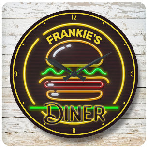 Anpassningsbar ADD NAMN Retro Faux Neon Burger Mid Rund Klocka