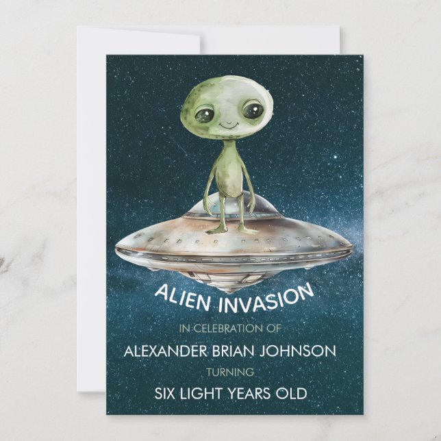 Anpassningsbar Age Alien Invasion Rymden Birthday Inbjudningar (Framsida)