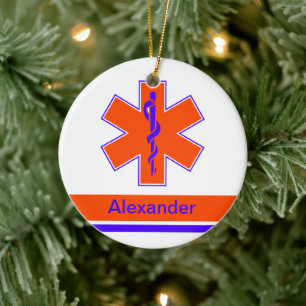 Anpassningsbar Ambulance Orange och Blue Star of L Julgransprydnad Keramik