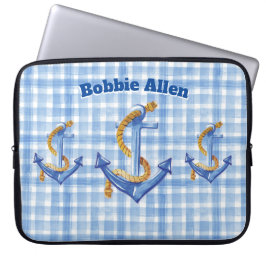 Anpassningsbar Anchor and Rope Blue Gingham Laptop Fodral