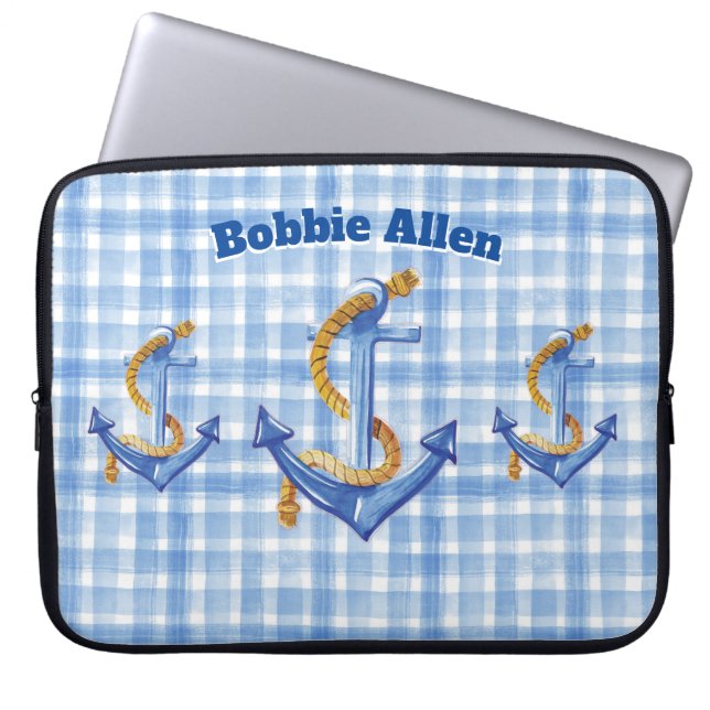 Anpassningsbar Anchor and Rope Blue Gingham Laptop Fodral (Framsidan)