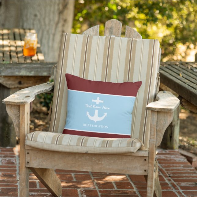 Anpassningsbar Anchor Blue & Burgundy Boat Namn-pl Kudde (Stol)