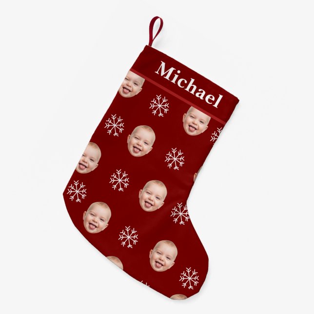 Anpassningsbar Ansikte och Namn Red Snowflake Liten Julstrumpa (Framsidan (Hängande))