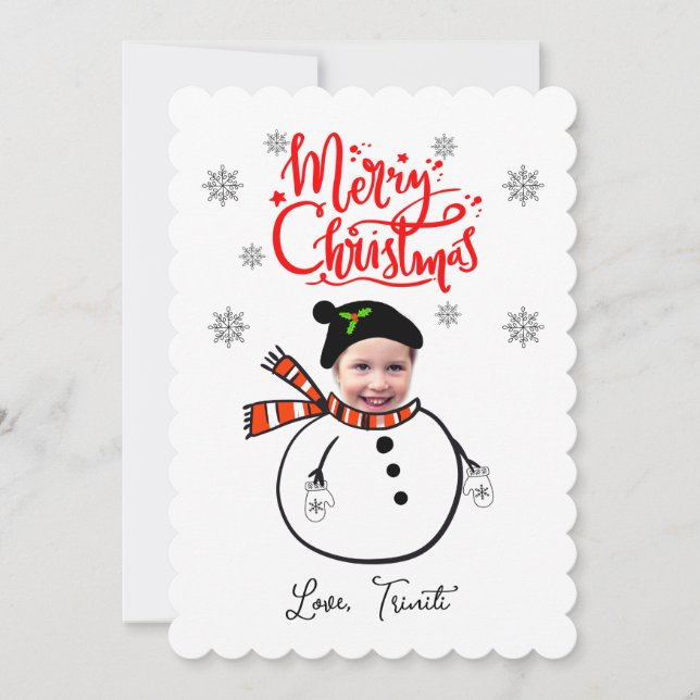 Anpassningsbar Ansikte Photo Cute Snögubbe God jul Anteckningskort (Framsida)
