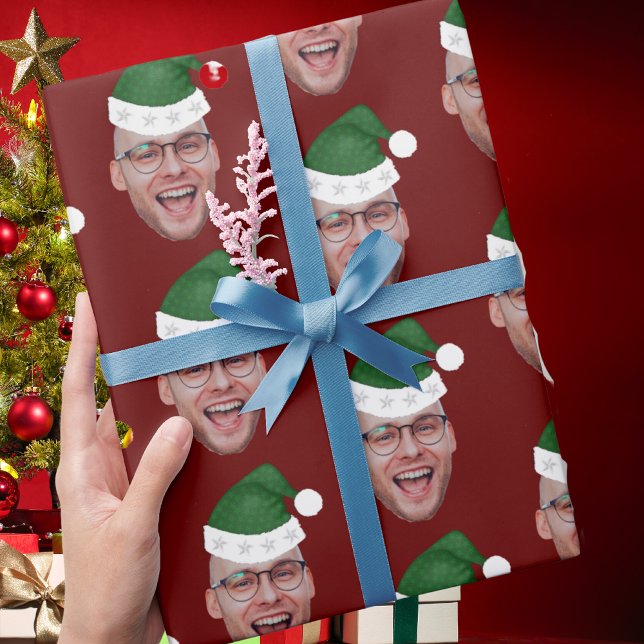 Anpassningsbar Ansikte Photo Santa Hat Repeat Möns Presentpapper (Skapare uppladdad)