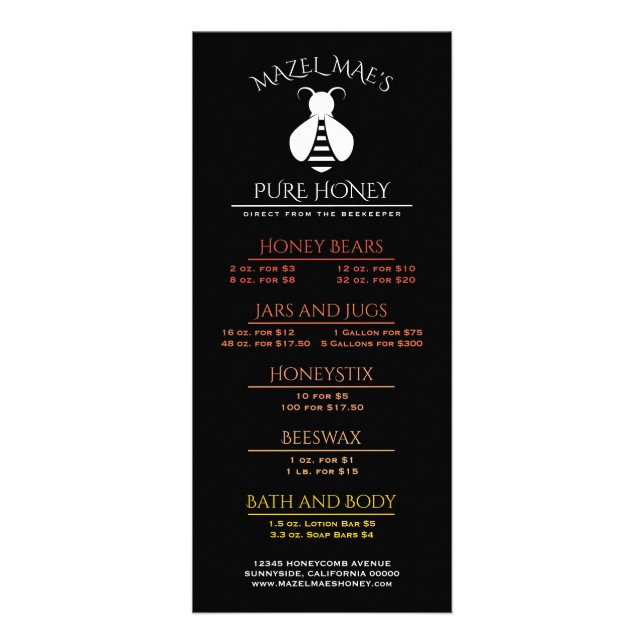 Anpassningsbar Apiary Honungsbi Menu Reklamkort (Framsidan)