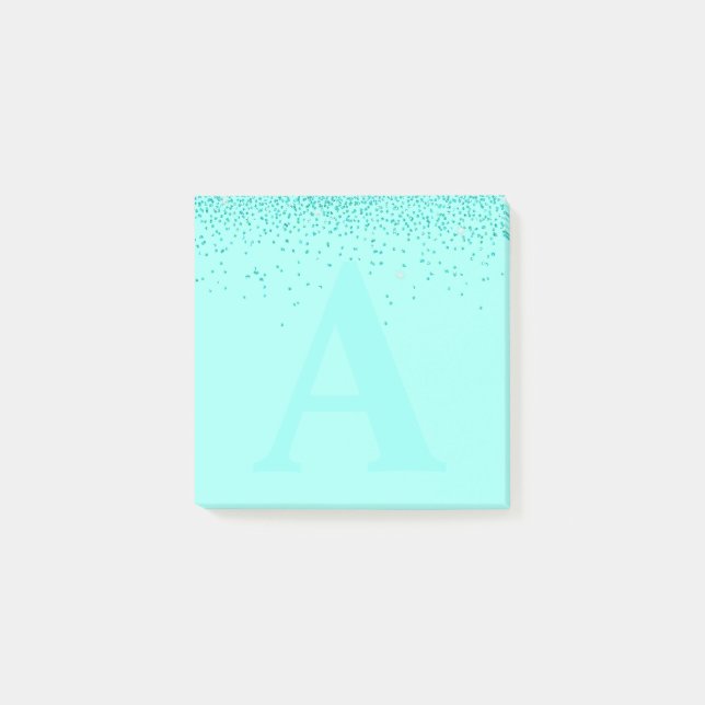 Anpassningsbar Aqua Glitter Monogram Anteckningsbl Post-it Block (Framsida)