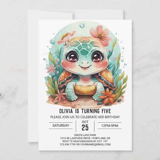 Anpassningsbar Aquatic Turtle Girl Birthday Inbjudningar (Framsida)