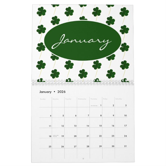 Anpassningsbar År 2024 Irish Shamrock Mönster Klöv Kalender (Jan 2026)