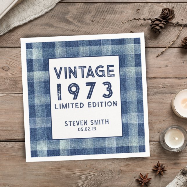 Anpassningsbar År 40:e Gingham Blue-Födelsedagsfes Pappersservett (Skapare uppladdad)