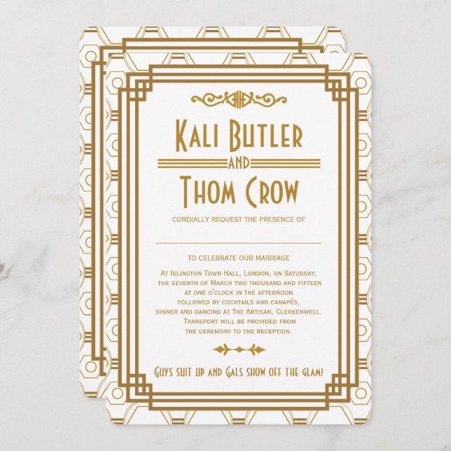 Anpassningsbar Art Deco Vita bröllopsinbjudningar Inbjudningar (Fram/baksida)