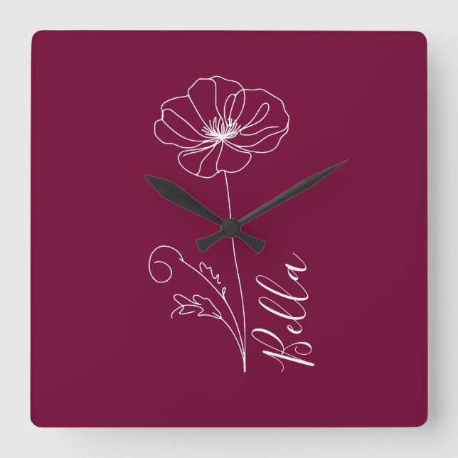 Anpassningsbar August Poppy Birth Flower Gift for  Fyrkantig Klocka (Framsida)