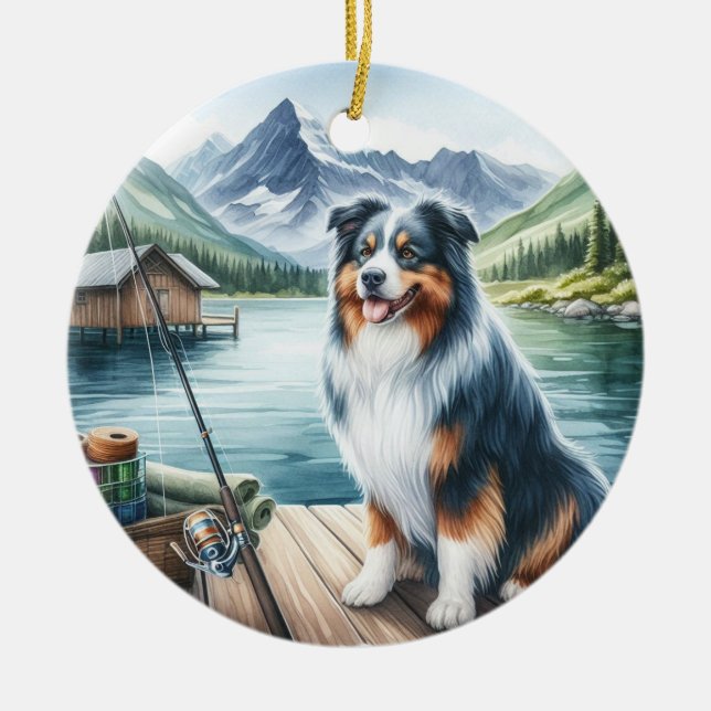 Anpassningsbar Australian shepherd Hund-Fishing in Julgransprydnad Keramik (Framsidan)
