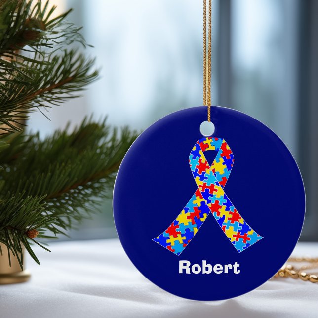 Anpassningsbar Autism Awareness Ribbon Blue Puzzle Julgransprydnad Keramik (Skapare uppladdad)