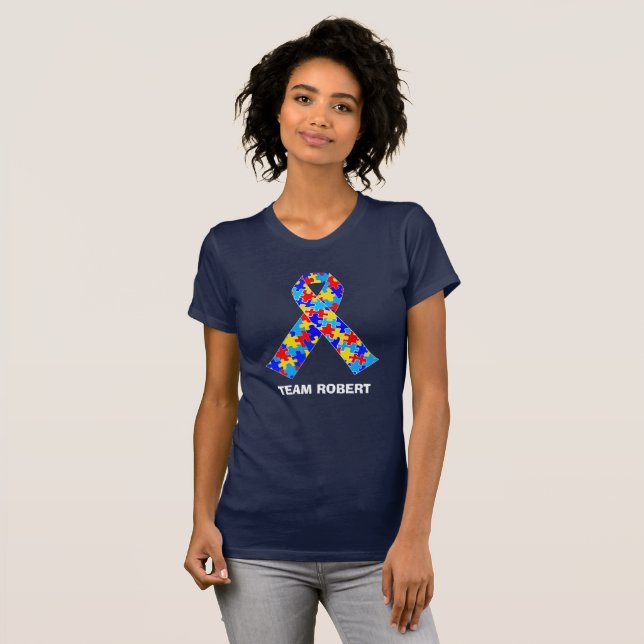 Anpassningsbar Autism Awareness Ribbon Team Walk W T Shirt (Hel framsida)