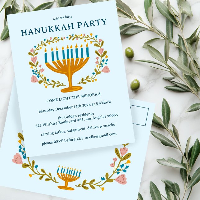 ANPASSNINGSBAR av andedräkt i blommigten för HUKKA Vykort (HANUKKAH PARTY Invitation floral wreath CUSTOM Postcard
)