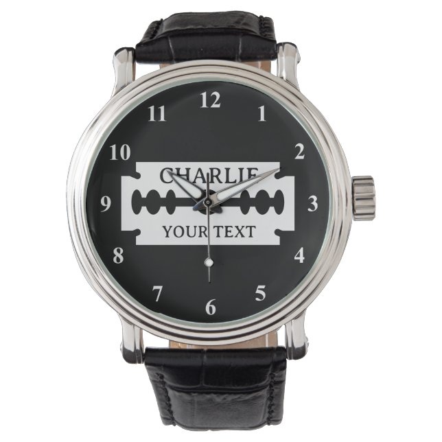 Anpassningsbar av barber-fack med rakblad-logotyp armbandsur (Framsida)