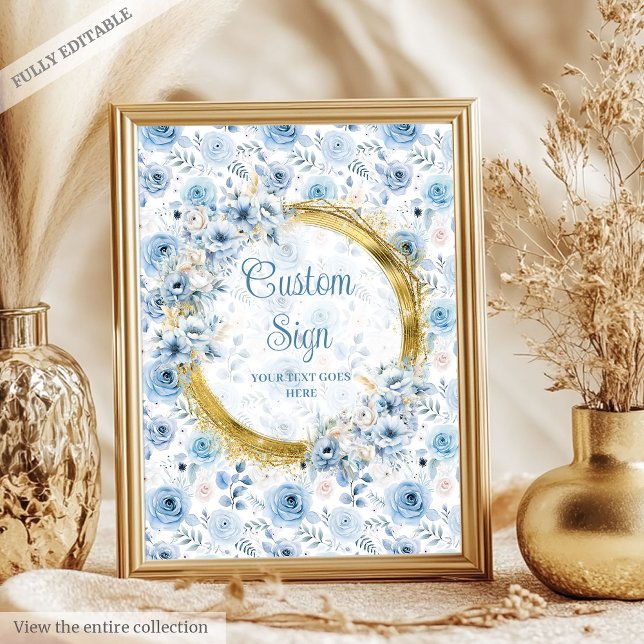 Anpassningsbar av bläckhaltiga blommor med blått l poster (Simple dusty blue boho watercolor flowers custom Poster)