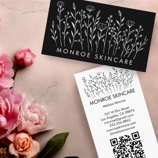 Anpassningsbar av Chicen  för Wildblommor Elegant  Visitkort (Wildflowers Elegant Line Art Chic Custom QR Code Business Card
)