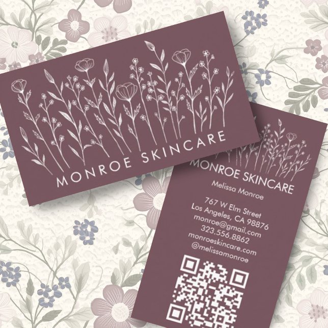 Anpassningsbar av Chicen  för Wildblommor Elegant  Visitkort (Lovely elegant floral line art decorates these custom business cards with QR codes)