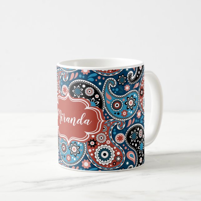 Anpassningsbar av Elegant Blue och Red Paisley Kaffemugg (Framsida höger)