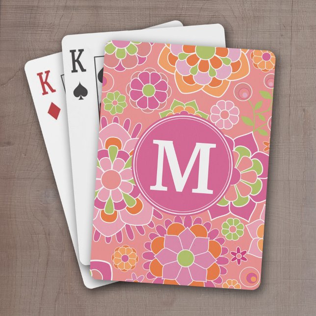 Anpassningsbar av färgämnet Vår Blommönster  Monog Spelkort (Personalize this set of playing cards with a monogram and funky pink flowers)