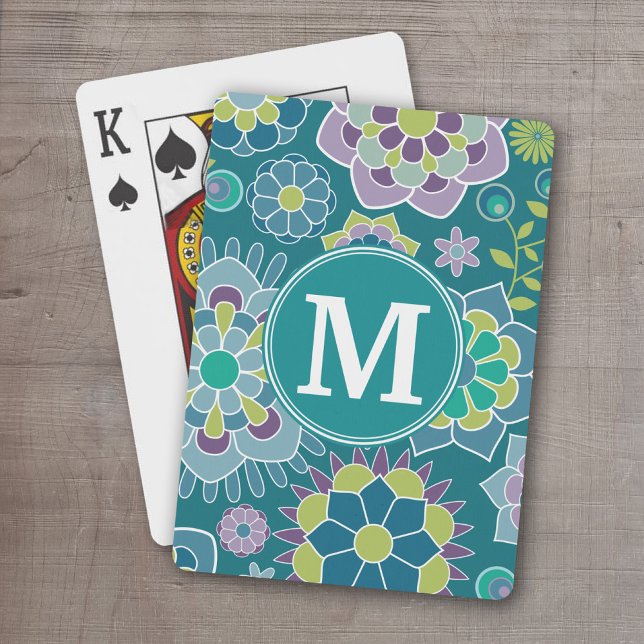 Anpassningsbar av färgämnet Vår Blommönster  Monog Spelkort (Personalized Playing Cards - monogram with colorful retro flower pattern)