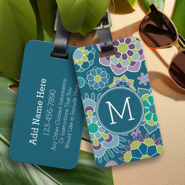 Anpassningsbar av färgstarkt blått Blommönster, Mo Bagagebricka (Personalized Luggage Tag)
