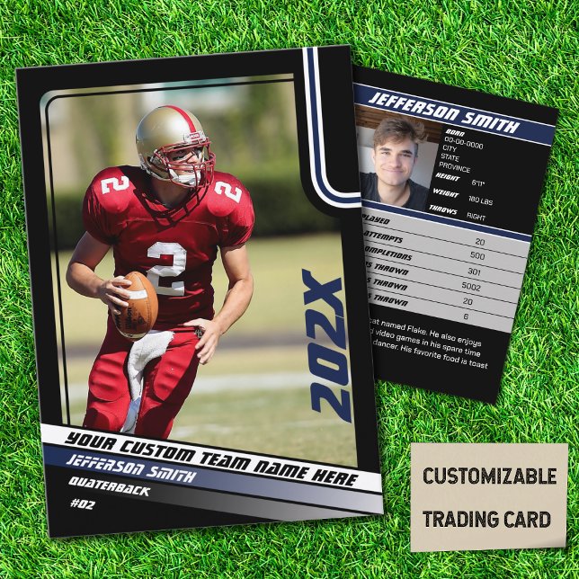 Anpassningsbar av fotbollsspelarens handelskort i  (American Football Player Trading Card in Black with Custom Team and Player Name with Blue Stripes)