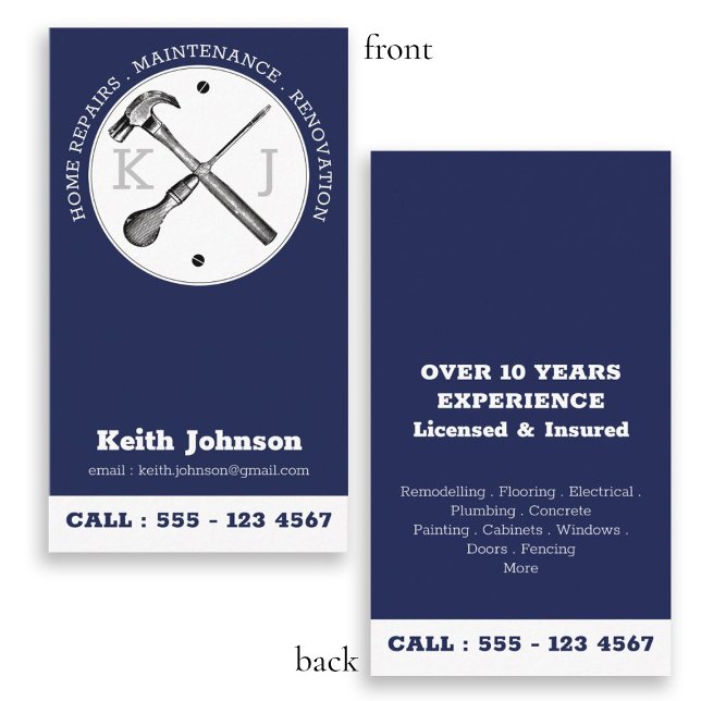 Anpassningsbar av handyman - marin blå Professione Visitkort (Handyman Navy Blue Professional Custom Monogram Business Card)