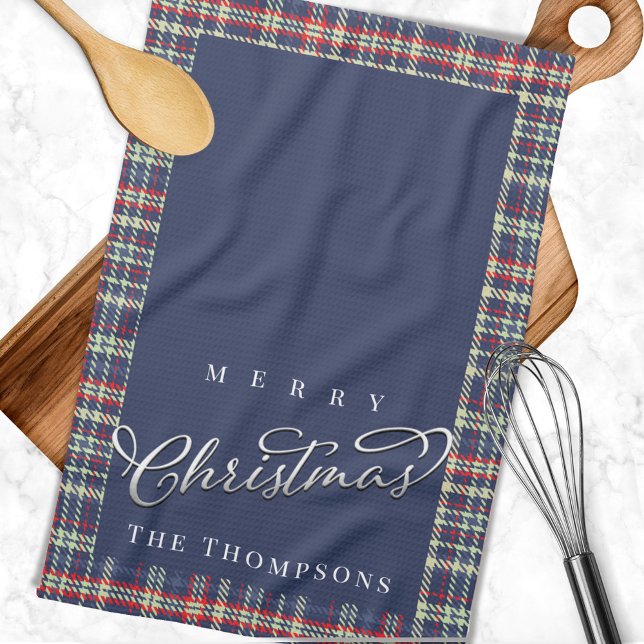 Anpassningsbar av marinblått God jul Play Kökshandduk (Merry Christmas custom plaid kitchen towel.)