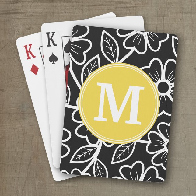 Anpassningsbar av svart och vitt Blommönster Monog Casinokort (Personalized playing cards with a funky floral pattern and a place for a name)
