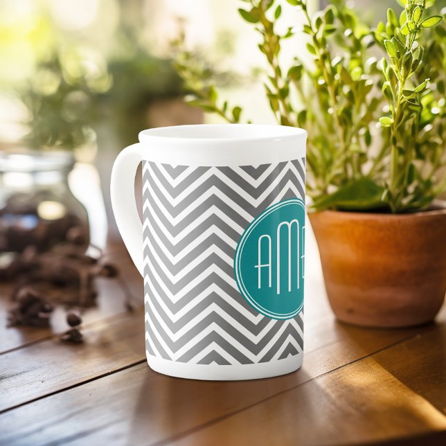 Anpassningsbar av Teal Charcol Chevrons Benporslin Mugg (Personalized mug with photos and text, customize completely in the advanced design area)