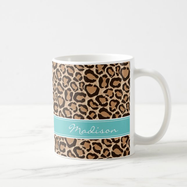 Anpassningsbar av turkos och leopard Monogram Kaffemugg (Höger)
